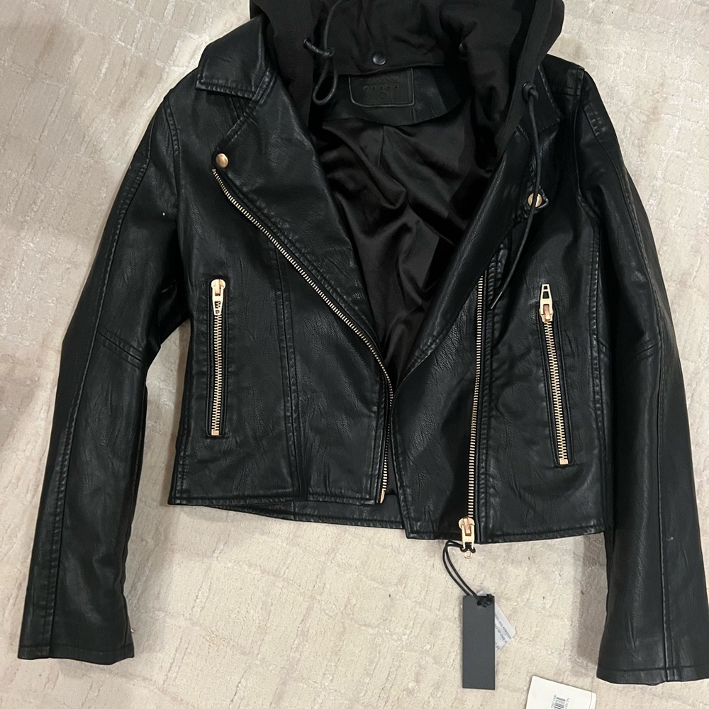 Blank NYC Black and Gold Leather Moto Jacket with Removable Hood